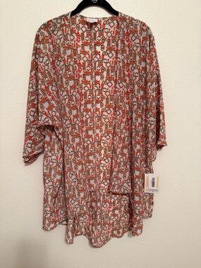 NWT LuLaRoe Lindsay  Geometric Print Kimono in Coral, Yellow & Teal Size M